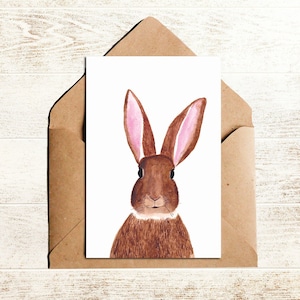 Postkarte mit Wasserfarben Hase, handgemalte Osterkarte Kaninchen