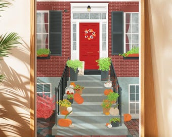 Poster Urban House Entrance with Autumn Decoration