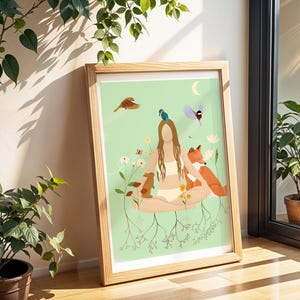 Poster Frau und Waldtiere in der Natur