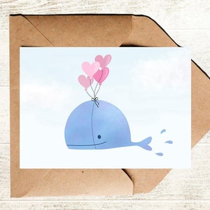 Liebeskarte Wal | süße Postkarte mit Wal und Herzballons für Kinder