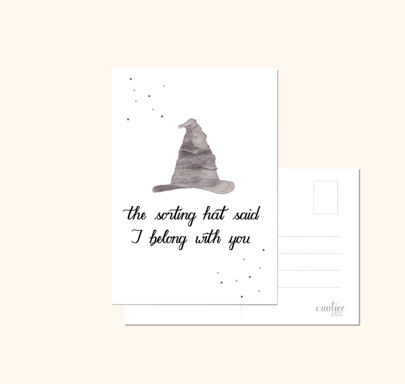 Liebeskarte für Harry Potter Fans mit Illustration vom sprechenden Hut und Spruch the sorting hat said I belong with you