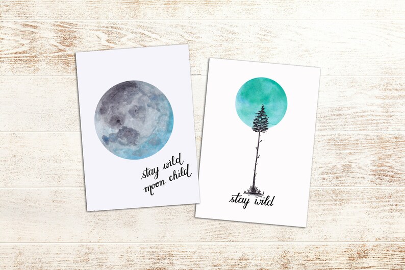 Postcard stay wild with tree and moon