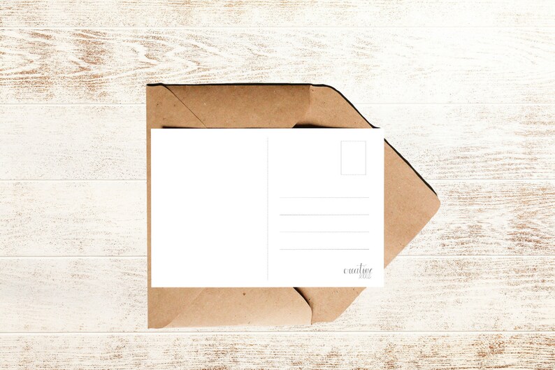 May include: A blank white postcard with a brown envelope. The postcard has a space for a stamp and lines for writing an address. The envelope is folded over the postcard and has the word "courier" printed on it.