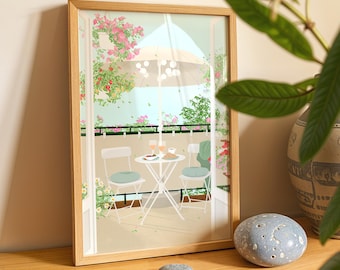 Poster: Breakfast on the balcony with colorful flowers