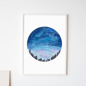 May include: A watercolor painting of a night sky with stars and clouds in a circle shape. The sky is blue and purple with a hint of pink. There are trees in the foreground.