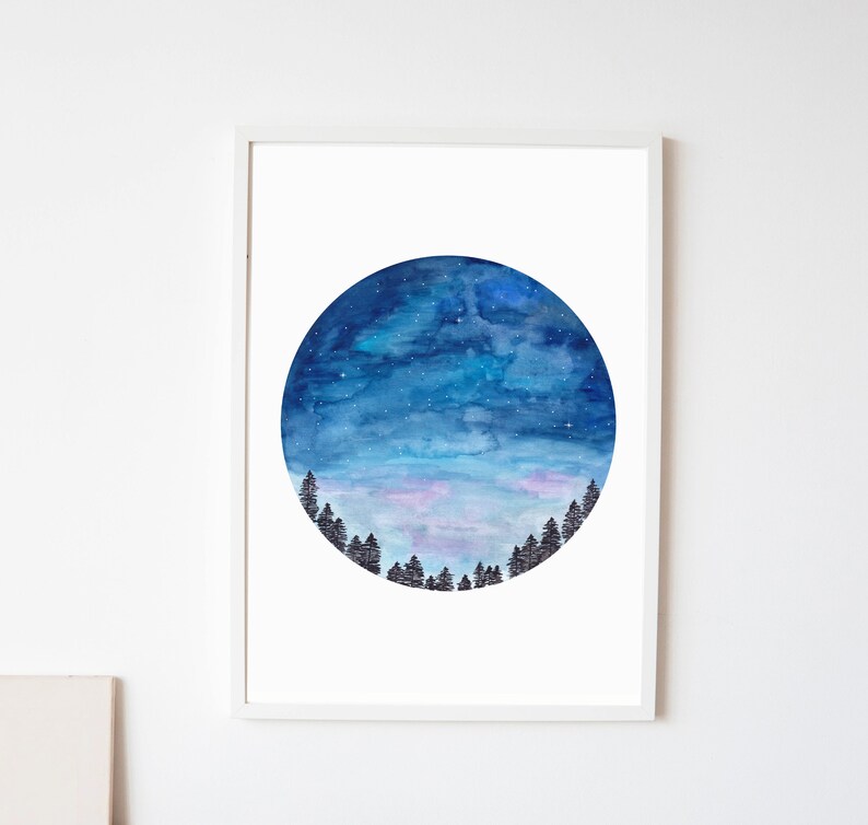May include: A watercolor painting of a night sky with stars and clouds in a circle shape. The sky is blue and purple with a hint of pink. There are trees in the foreground.