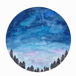 May include: A watercolor painting of a night sky with stars and a silhouette of a forest at the bottom. The sky is a deep blue with hints of purple and pink.