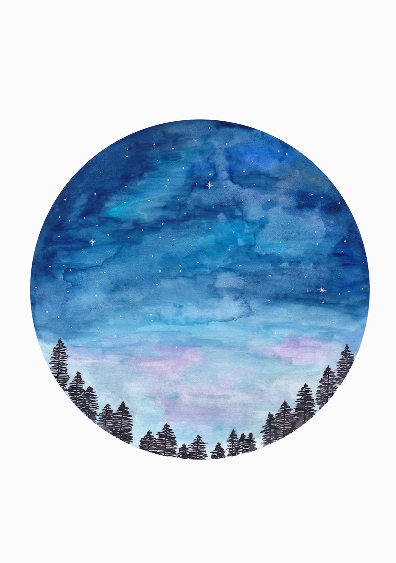 May include: A watercolor painting of a night sky with stars and a silhouette of a forest at the bottom. The sky is a deep blue with hints of purple and pink.