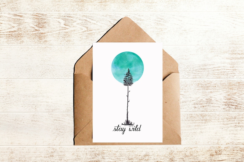 Postcard stay wild with tree and moon