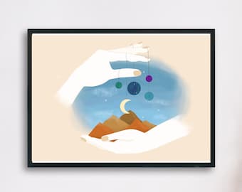 Kunstdruck Poster meine kleine Welt mit dem Universum in Händen