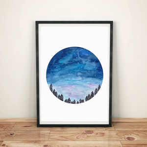 May include: A watercolor painting of a night sky with stars and clouds in a circle, with a row of dark trees at the bottom.
