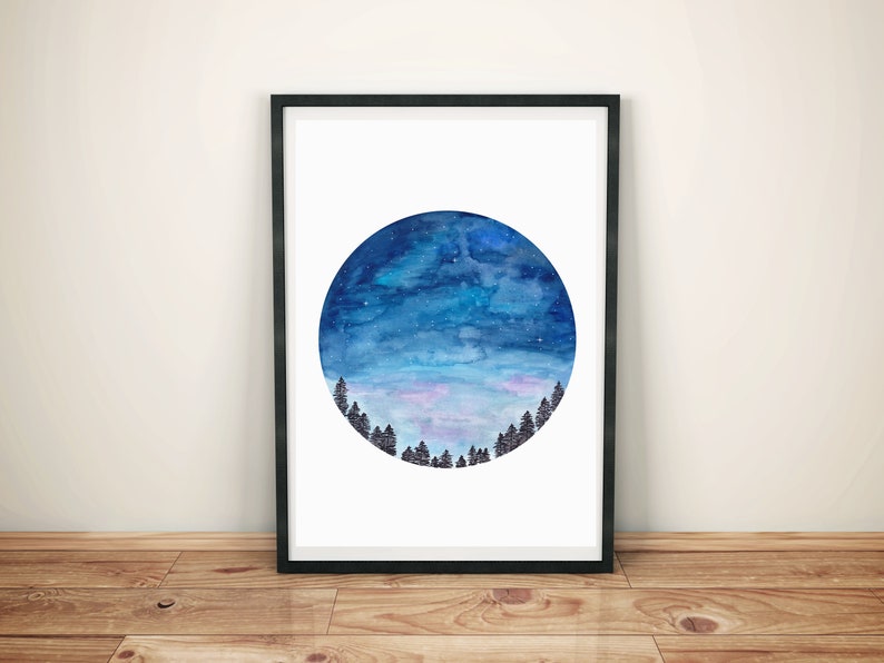 May include: A watercolor painting of a night sky with stars and clouds in a circle, with a row of dark trees at the bottom.