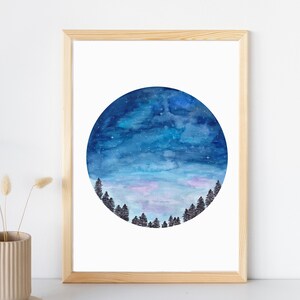 May include: A watercolor painting of a night sky with stars and a forest silhouette in a circle. The sky is a deep blue with hints of purple and pink.
