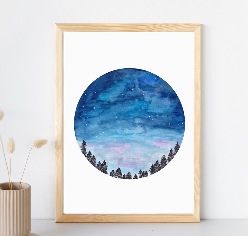 May include: A watercolor painting of a night sky with stars and a forest silhouette in a circle. The sky is a deep blue with hints of purple and pink.
