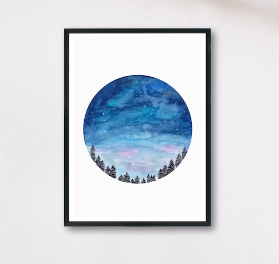 Aquarell Bild Himmel bei Nacht mit Sternen | Poster Schlafzimmer