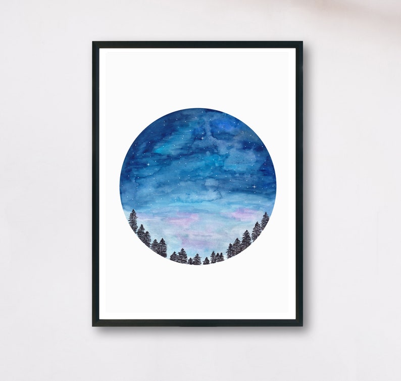 May include: A watercolor painting of a night sky with stars and clouds in a circle shape. The sky is blue and purple with a dark forest silhouette at the bottom.