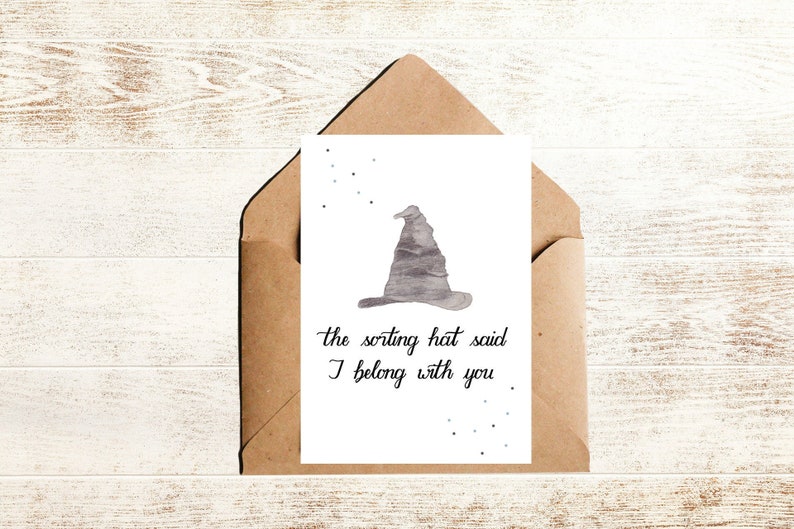 Harry Potter Liebeskarte mit sprechendem Hut und Spruch the sorting hat said I belong with you