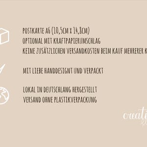 May include: A6 postcard with a kraft paper envelope option. The text reads "POSTKARTE A6 (10,5CM X 14,8CM) OPTIONAL MIT KRAFTPAPIERUMSCHLAG KEINE ZUS&Auml;TZLICHEN VERSANDKOSTEN BEIM KAUF MEHRERER KARTEN MIT LIEBE HANDDESIGNT UND VERPACKT LOKAL IN DEUTSCHLANG HERGESTELLT VERSAND OHNE PLASTIKVERPACKUNG creative elle".