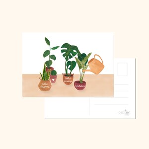 May include: A postcard with a watercolor illustration of five potted plants. The plants are labeled "Selbst-abgepflanz", "Selbst-gez&uuml;chtet", "Wachstum", and two other unreadable labels. A watering can is pouring water on the plants.