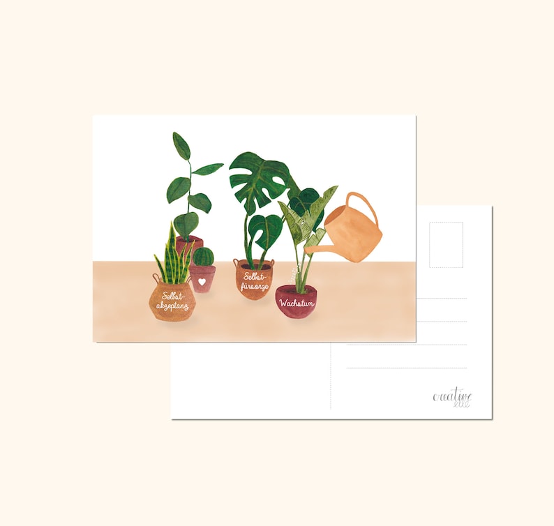 May include: A postcard with a watercolor illustration of five potted plants. The plants are labeled "Selbst-abgepflanz", "Selbst-gez&uuml;chtet", "Wachstum", and two other unreadable labels. A watering can is pouring water on the plants.