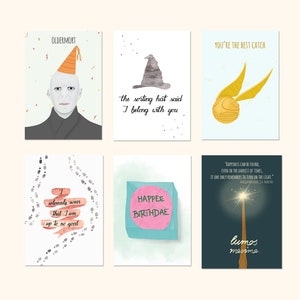 May include: Six illustrated greeting cards with a Harry Potter theme. The cards feature a sorting hat, a snitch, a wand, a birthday cake, a set of footprints, and a character from the series. The text on the cards includes quotes from the books and the phrase "Happy Birthday".