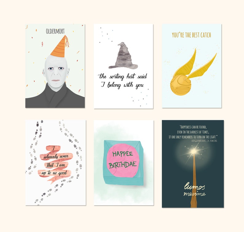May include: Six illustrated greeting cards with a Harry Potter theme. The cards feature a sorting hat, a snitch, a wand, a birthday cake, a set of footprints, and a character from the series. The text on the cards includes quotes from the books and the phrase "Happy Birthday".