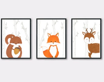 Kinderzimmer Poster Set Kunstdruck von Waldtieren Fuchs Eichhörnchen und Reh