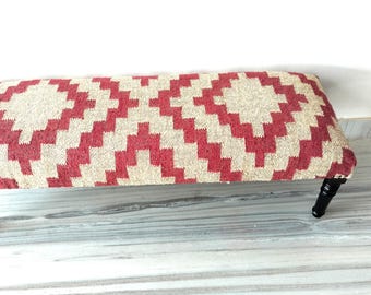Handmade Kilim Bench – Wool Jute Southwestern Tribal Upholstered Ottoman Seat