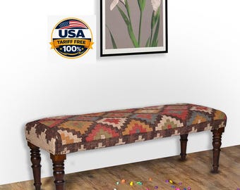 Kilim Bench, Wool Jute rustic bench, India Style Entryway Bench, Boho Ottoman Bench, Rustic Home Decor Southwestern Furniture Decor