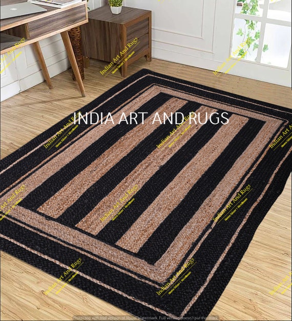 Braided Floor Rug Boho Jute Cotton Rug Handmade Rectangular Floor Mat