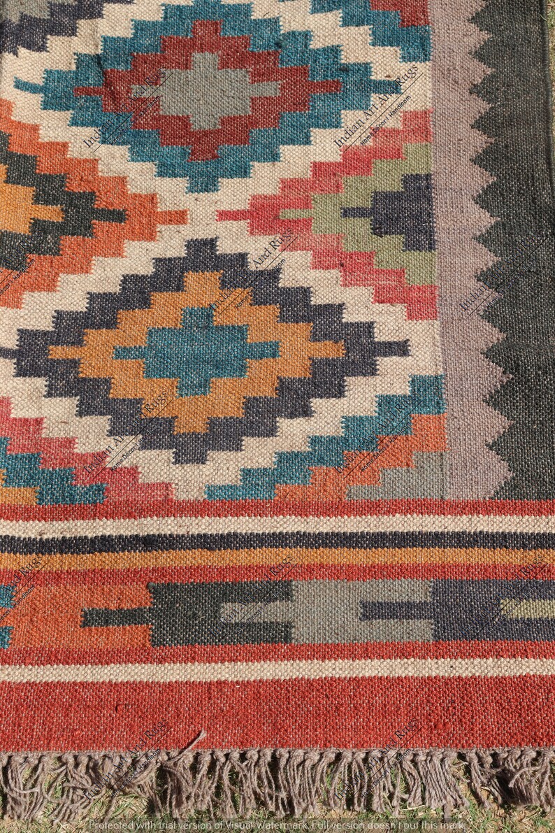 Handmade KILIM Rug Multicolor; Jute Rug wool rug Kilim Dhurrie