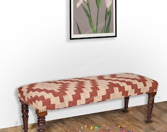 Handmade Wool Jute Kilim Bench, Boho Entryway Bench, Upholstered Wooden Bench, End of Bed Bench, Farmhouse Ottoman Seat India Outdoor Bench