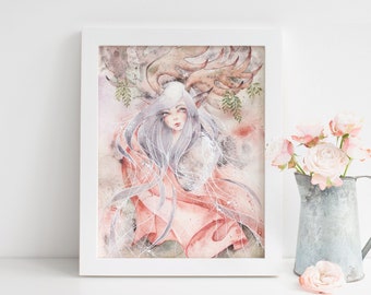 Sveina: La princesa hada con cuernos de ciervo. Ilustración original en acuarela tamaño A4 de Lumitar. Elfo, decoración de hadas, arte fantástico.