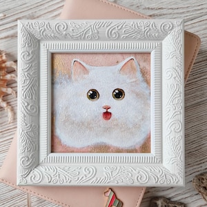 Original Painting of Super Cute Funny White Cat with Big Eyes, 4x4 in Framed Art on Gold Background. Cat Sticking Out Tongue. Wall Decor