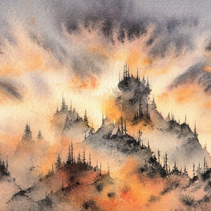 La montaña quemada: IMPRESIÓN ARTÍSTICA de la ilustración en acuarela. El bosque oscuro ardiente, paisaje de montaña ardiente, arte de pared del bosque quemado