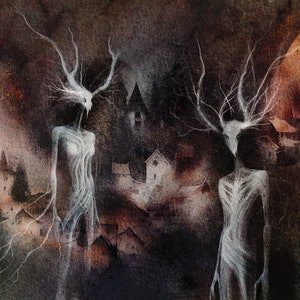De Haunted Night City: ART PRINT van aquarel illustratie. Enge witte geesten in de vergeten rijken, Gothic Wall Art Decor van Lumitar