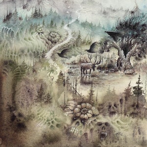 Bosque Sagrado ART PRINT Pintura de Lumitar. Tarjeta de fantasía, arte de pared. Magia oscura, espíritu pagano misterioso cartel del bosque