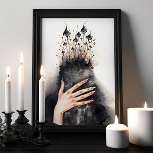 Flucht. Aquarell-KUNSTDRUCK einer Frau, die ihr Gesicht bedeckt. Illustration im gotischen Stil, verziert mit schwarzen Pilzen, Postkarte, Poster von Lumitar