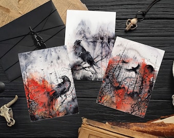 3 Postcards with Ravens, A6. Souvenir Dark Romance Moody Prints, gothic dark horror art. Goth moodboard wall art, Fantasy Lumitar art