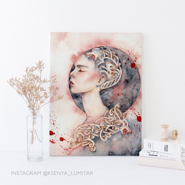 SALE! Celtic Art of Wolf Girl with Viking Tattoo. A3 Wall Art PRINT, Painting of Aquarelle Woman. Aquarelle poster, norse pagan