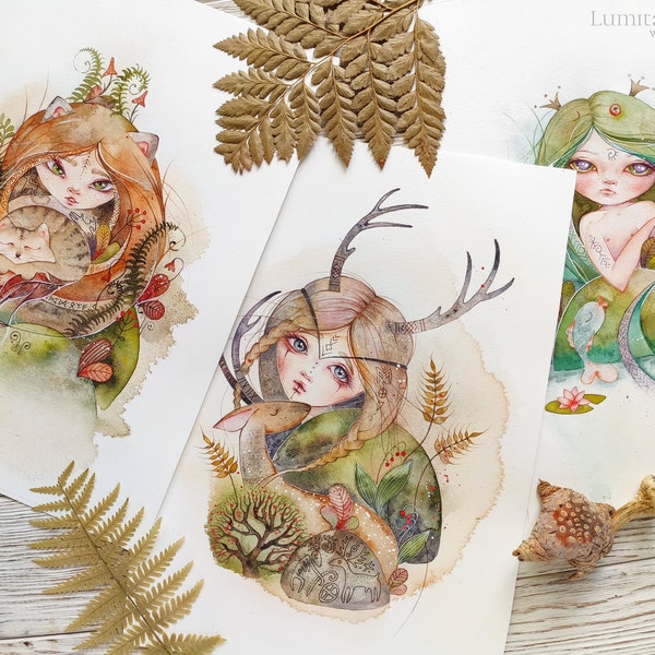 Nature Spirits: ORIGINAL & PRINTED Watercolor Illustration of Forest Girls. Fairy tale fantasy art for baby room, Fairycore Home Decor