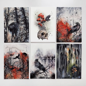 MÁS VENDIDAS: ¡Un set de 6 de las cartas más populares de la tienda de arte Lumitar! Láminas de fantasía oscura tamaño A6 (10 x 15 cm). Bosque mágico, espíritus, lobos, cuervos…