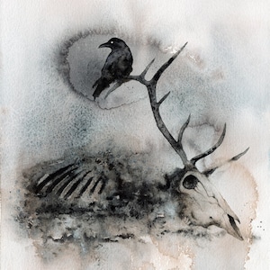 Grausame Welt. Aquarell KUNSTDRUCK des Raben auf dem Geweih des toten Rentiers sitzend. Gothic Illustration, Postkarte, Poster von Lumitar