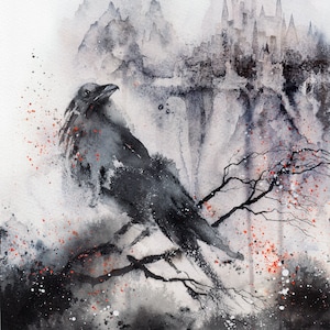 Arte IMPRESSA Black Raven, cartão de lembrança, marcador. Aquarela de fantasia, decoração de casa gótica. Impressão de parede, cartão de impressão Lumitar Art