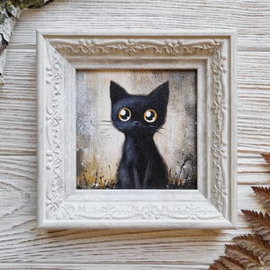Original Painting of a Black Cat with Big Sad Eyes. 4x4 in Framed Mini Handmade Folk Art. Whimsical Cat Wall Decor with Frame by Lumitar