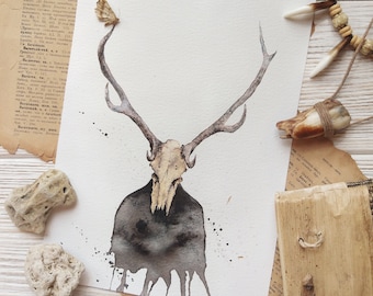 Lámina con cráneo de ciervo Wendigo, decoración gótica para el hogar, arte en acuarela