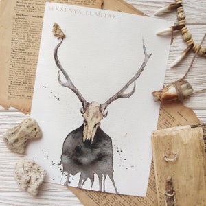 Wendigo, mythologische boze geest. GEDRUKT kunstwerk van een hertenschedel. Aquarel kunst aan de muur met wilde herten, gotisch interieur, print van Lumitar
