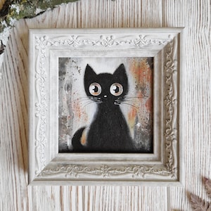 Original Painting of a Black Cat with Big Cute Eyes. 4x4 in Framed Mini Handmade Folk Art. Whimsical Cat Wall Decor with Frame by Lumitar