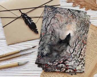 Black Wolf Watercolor Art Print | Gothic Home Decor, A6 Note Card
