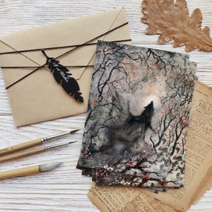 Cartão postal gótico Black Howling Wolf | 10 x 15 cm | Cartão de nota animal A6 | Impressão de arte em aquarela | Decoração para casa, Floresta assustadora, pôster de terror